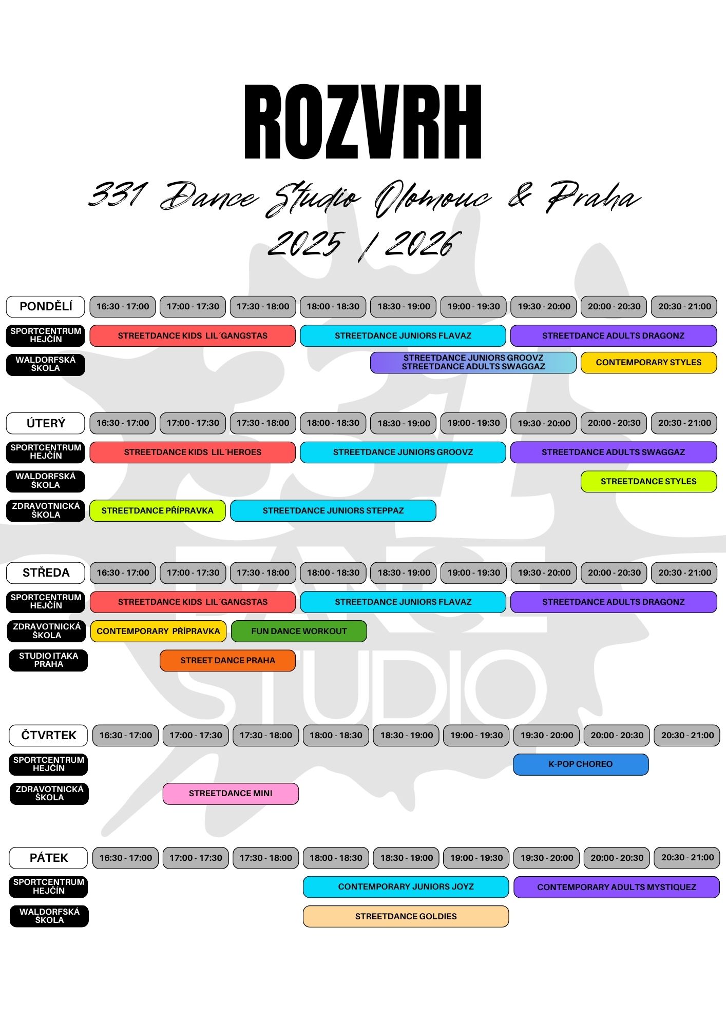 Rozvrh 2025-2026 | 331 Dance Studio Olomouc